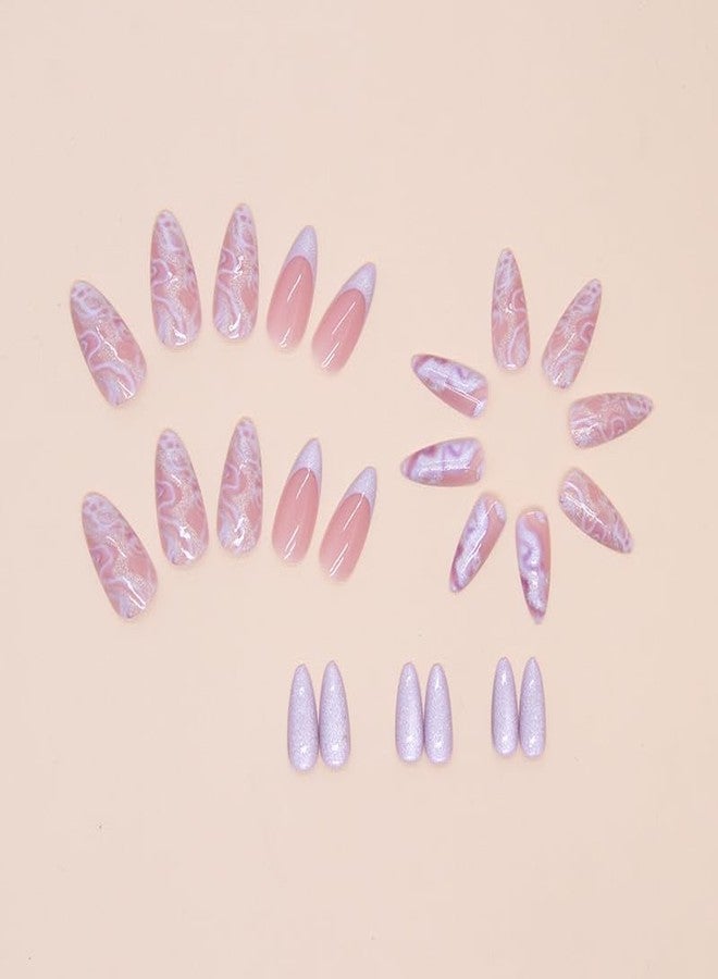 TOGZOM Mave Medium Purple Marble Glitter Acrylic False Nails - Shiny Stick On, 24Pcs with French Nails Glossy Finish - Image 4